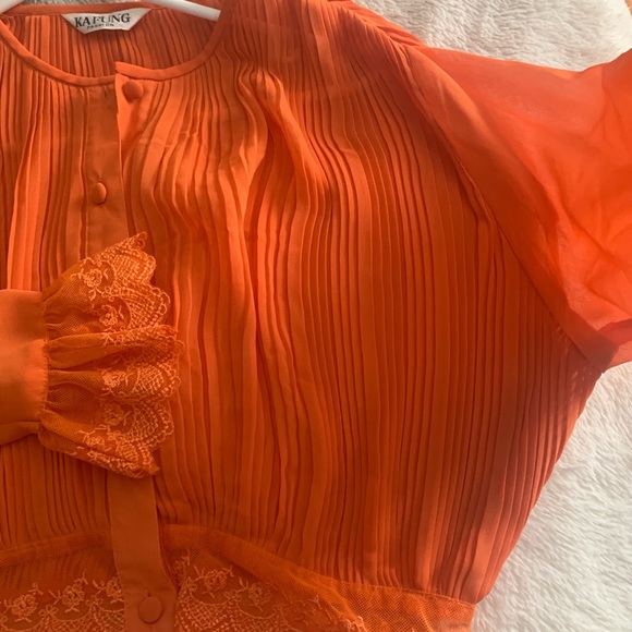 Orange Chiffon Lace Button Up Blouse - Picture 4 of 5